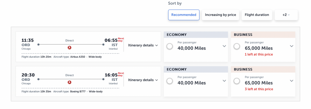 Screenshot Turkish Airlines redemption flights
